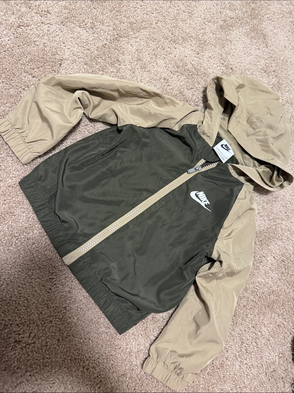 Nike Two-Tone Hooded Jacket in Olive Green and Beige